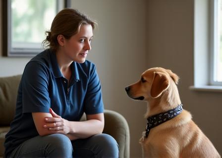 A trainer calmly observing a dog exhibiting anxious behavior.