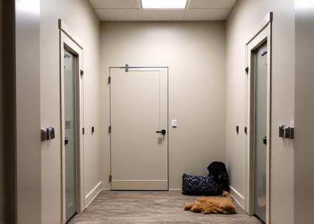 A clean and comfortable kennel at the Pawsome Progress facility.