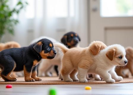 A group of assorted puppies playing safely in a clean indoor area.