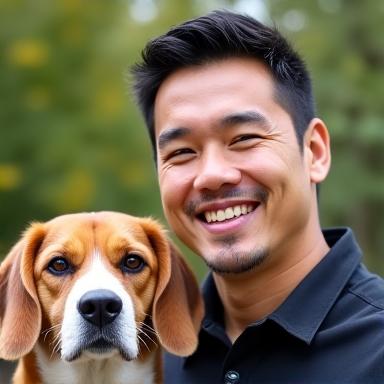 Headshot of David Tan, a smiling man with a beagle.